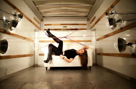 Solo girl Dani Daniels exposes her trimmed muff in back of a Uhaul truck 66680552