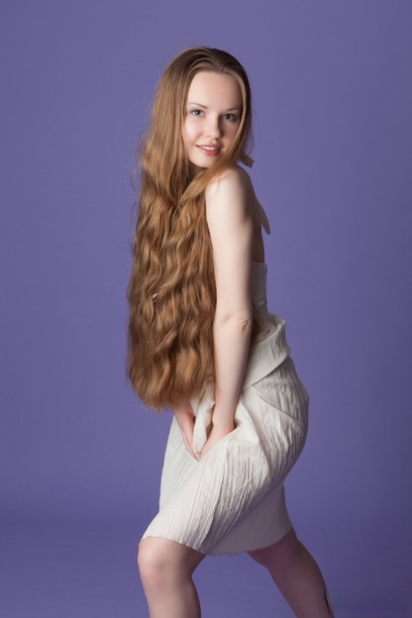 Charming teen with really long hair Virginia Sun frees her goods from a dress 87069044