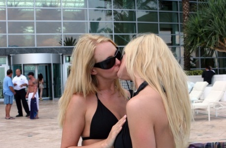 Blonde girls Naughty Allie & Naughty Julie flash their tits and kiss in public 95336684