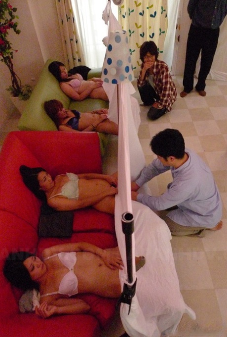 Asian women spread pussy for men in kinky peek-a-boo orgy & get cum on tits 83986868