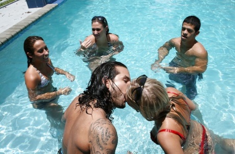Frolic girls in bikini flashing their tits at the pool party 61552394